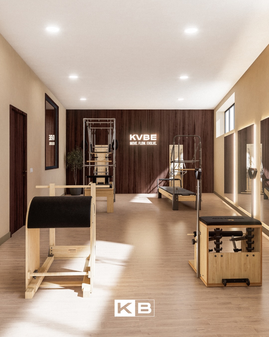Render do estúdio de Pilates do KVBE com cinco máquinas