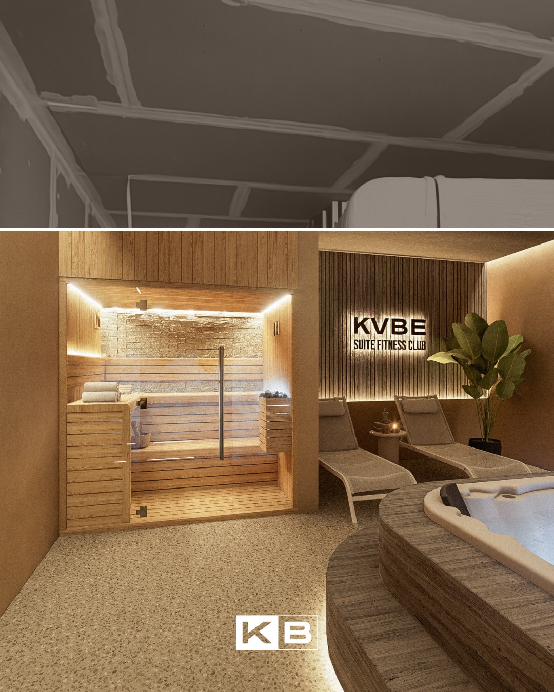 Render da área de wellness do KVBE com sauna e jacuzzi